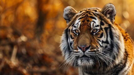 Fototapeta premium Majestic Tiger Amidst Autumn Foliage Under Golden Sunlight