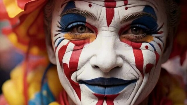 Amidst a riot of colors at a street carnival, a clown's face reveals layers of hidden emotions beneath the painted smile. Each wrinkle tells a story of laughter and sorrow,.