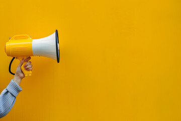 Hand holds a megaphone from a hole in the wall on a yellow background. Concept of hiring, advertising something. Banner. - obrazy, fototapety, plakaty