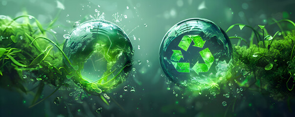 Eco-friendly concept art of green globes with recycling symbols, plants, and water drops. - obrazy, fototapety, plakaty