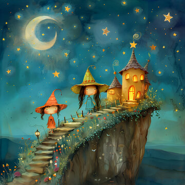 Mystical night scene with two whimsical witches overlooking a magical cliffside abode.