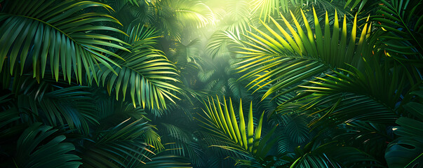 Dense tropical foliage with varying shades of green leaves, creating a vibrant jungle scene.