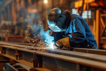 A skilled welder in protective gear, working diligently on a large metal construction