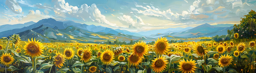 Panoramic oil painting of sunflowers in bloom with a backdrop of majestic mountains.