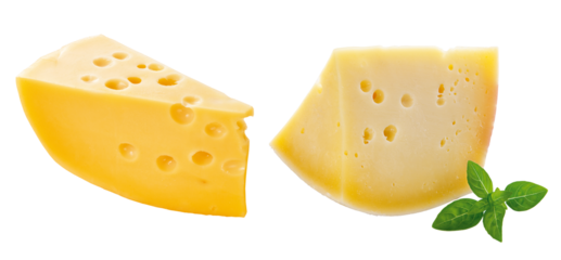 pedaço de queijo suíço e pedaço de queijo parmesão acompanhado de manjericão isolado em fundo transparente