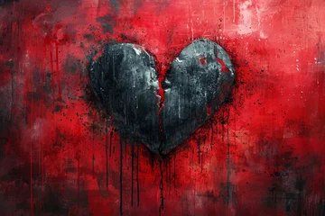 Deurstickers A broken heart, with leaked red paint, evoking emotions of love and sadness. © Andrii Zastrozhnov