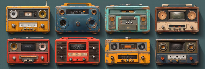 A vintage set featuring retro audio equipment, including a cassette player and boombox, in a nostalgic style. - obrazy, fototapety, plakaty