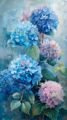 Artistic rendition of blue hydrangeas with a textured brushstroke effect, creating a serene ambience.
