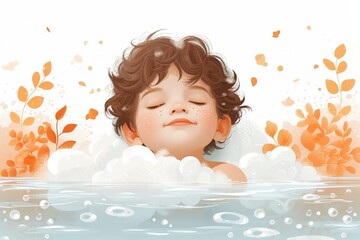 A cute, smiling boy enjoying a bubbly bath in the bathtub during a summer day.