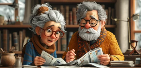 Fotobehang A cartoon depiction of a senior couple at home, focusing on paperwork, bills, and financial matters. © Andrii Zastrozhnov