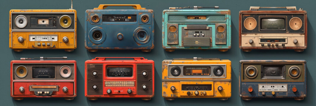 A vintage set featuring retro audio equipment, including a cassette player and boombox, in a nostalgic style.
