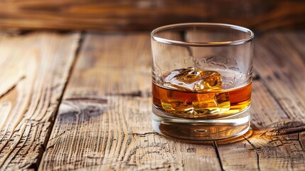Wooden table with a glass of whiskey