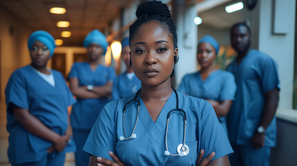 Young female nursing student with her team of medical students and doctors. Junior doctor portrait. Medical internship. Inclusive and diverse healthcare team. Healthcare concept. AI generated - obrazy, fototapety, plakaty