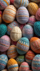 Fototapeta na wymiar Stunningly beautiful Easter eggs tied with woolen thread in delicate pastel colors.