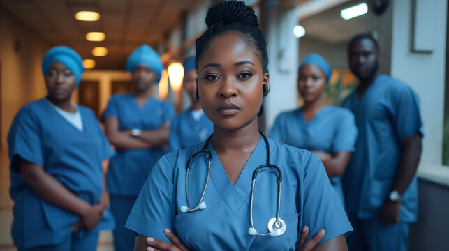 Young female nursing student with her team of medical students and doctors. Junior doctor portrait. Medical internship. Inclusive and diverse healthcare team. Healthcare concept. AI generated