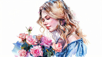 Girl with roses isolated watercolor.