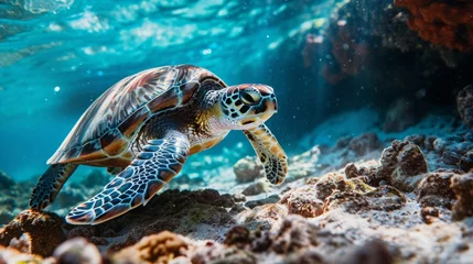 Fotobehang Majestic Sea Turtle Gliding Through Coral Reefs Under Crystal Clear Waters © Muhammad