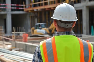 Construction worker in hard hat and safety vest, overseeing a large building project.