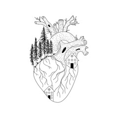House and pines inside anatomical heart with vessels in form of branches. Home and tree in human heart, love roots concept. Vector illustration