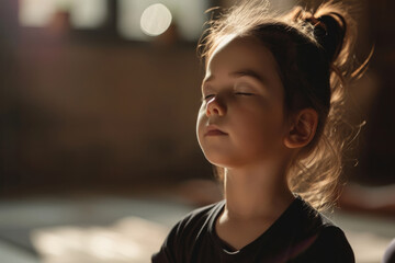Close up little girl sits with her eyes closed relaxingly meditating in the room, children's mental health and relaxation concept