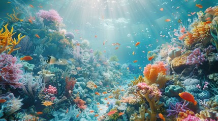 Fototapeta na wymiar Enchanting Underwater Realm: Hyperrealistic Coral Reefs and Sea Creatures