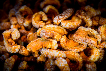 Pork caps or Cap Moo on a food stall in flea market at Nakhon Sawan Province