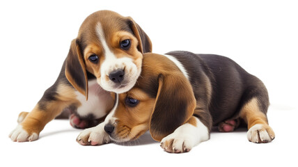 Two little beagle puppies playing . Two wonderful beagle puppies isolated on transparent background. PNG.	
