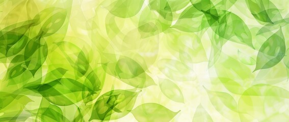 Light-filled, translucent leaves in varying shades of green overlap in a luminous, sunlit abstract pattern, symbolizing renewal and eco-awareness.