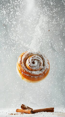 Freshly baked bun with cinnamon, sugar and flour flies on a white background. Aesthetic food advertising. Generative AI