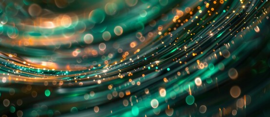 3d illustration of abstract green background with glowing particles, depth of field. Fiber Optic cables bokeh background. Glowing data cables transferring information network and technology concept - obrazy, fototapety, plakaty