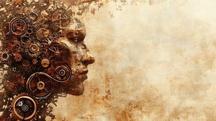 Abstract steampunk background with man portrait, gears, pipes, mechanisms and wheels, textured backdrop in sci-fi grunge style, AI generated - obrazy, fototapety, plakaty