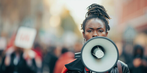 African American woman stands with a loudspeaker in her hands and says something loudly among the street crowd at a rally. Concept of women's freedom of speech, women's rights, International