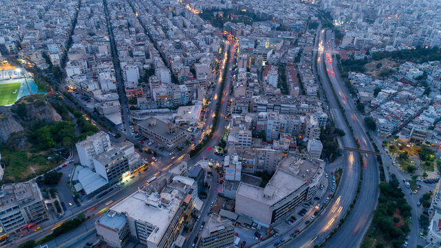 Athens at dusk, aerial view