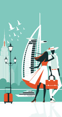 Romantic adventure, couple with suitcases gazing at sailboat by iconic landmarks, Empire State & Burj Al Arab hotel. Travel concept.