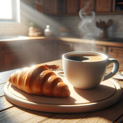 Cup of coffee and croissant on a stand