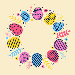 Trendy Easter design with colourful eggs. Modern minimal style background. Layout of a greeting card.  Vector illustration