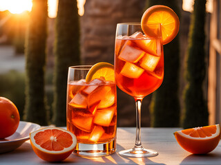 orange alcohol cocktail against the summer sun background