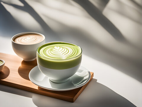 matcha latte in a mug on a wooden tray
