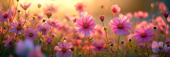 Panoramic floral background, web banner with gentle lilac and pink anemone flowers, spring meadow in sunrise, natural view, AI generated