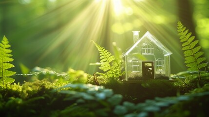A miniature transparent toy house stands in the middle of the forest on green grass bathed in sunlight. Fantasy world concept of forest peoples or real estate away from civilization - obrazy, fototapety, plakaty