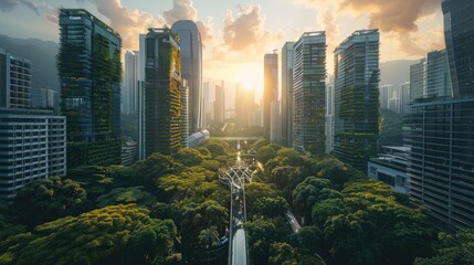 Futuristic Urban Landscape: Hyperrealistic Fusion of Nature and Technology - obrazy, fototapety, plakaty