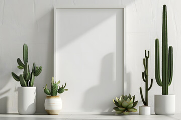 Rectangular vertical frame mockup in scandi style interior with green succulents and cactus on a floor and near empty neutral white wall background. 3d illustration, generative AI - obrazy, fototapety, plakaty