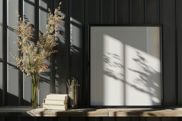 Interior poster mockup with a square metal frame and plants in a vase against a white wall