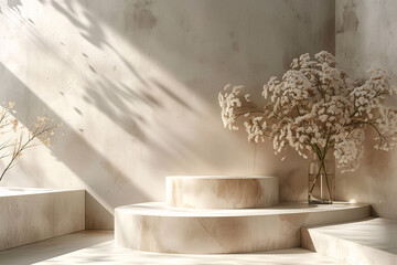 Sunlit Product Display with Ethereal Dried Flowers in Minimalist Interior