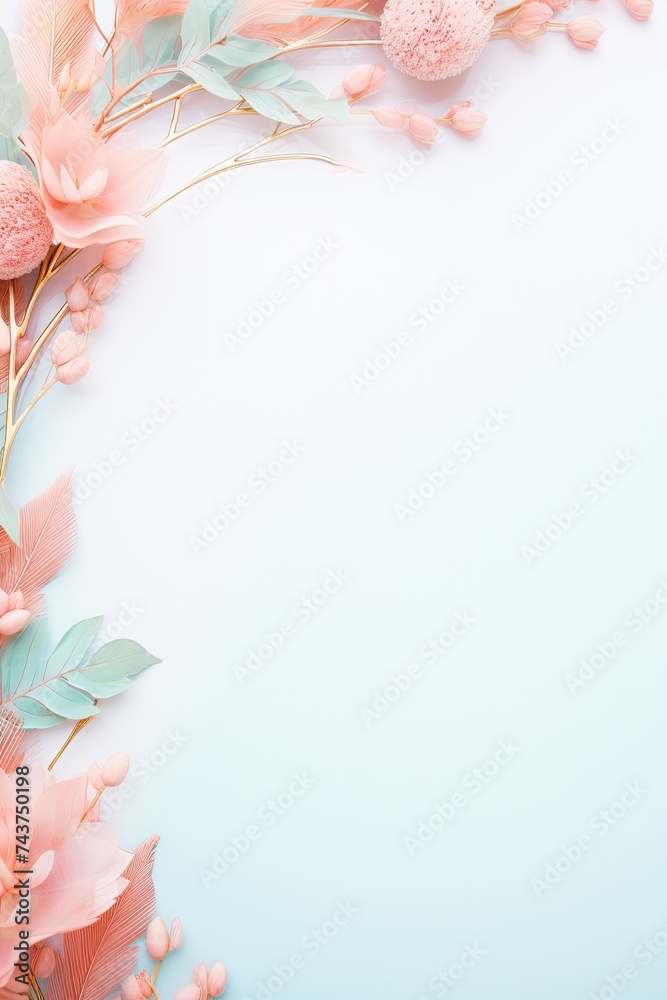 Poster a serene blue background adorned with delicate pink flowers and lush green leaves, creating a harmon