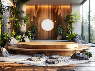 Zen-Inspired Wooden Podium in Modern Greenhouse Setting