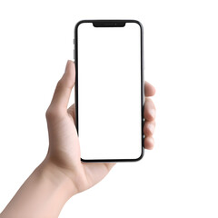 close up of a hand holding smart phone on white background with clipping path