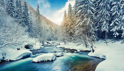 winter landscape view of a mountain river in a winter forest after a snowfall created using tools