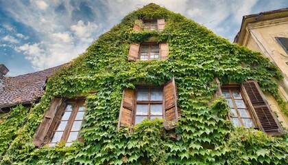 Fototapeta na wymiar green ivy leaves covered old town house facade creeper plants cover townhouse with wooden barred windows