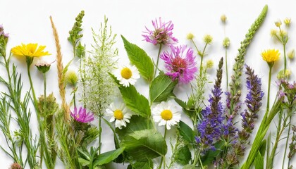 stems of various meadow grass and flowers on white background - obrazy, fototapety, plakaty